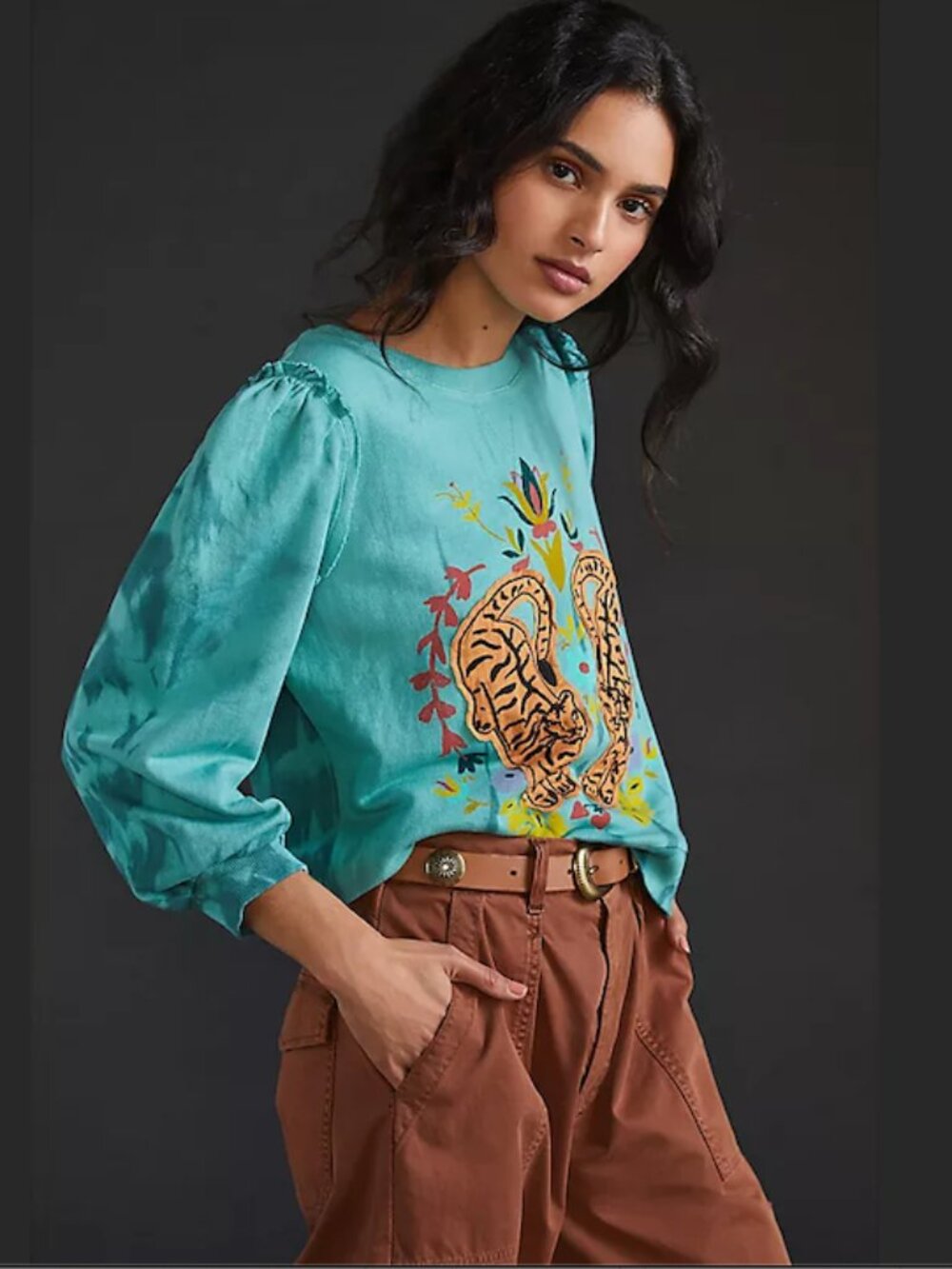 Anthropologie Pilcro Tiger Appliqued Sweatshirt Teal Tie Dye Puff Sleeves Medium